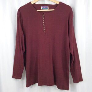 Northcrest Henley Top Women's Plus Size 1X Burgundy Red Long Sleeve Ribbed Knit